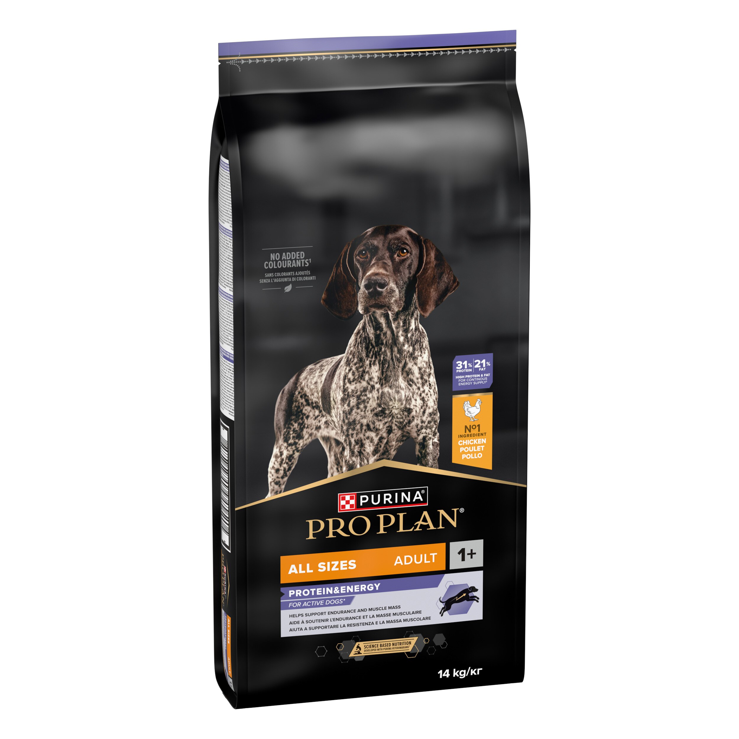 Verpackung von Purina Pro Plan All Sizes Adult 1+ Protein & Energy Hundetrockenfutter mit Huhn (14 kg) auf weißem Hintergrund.