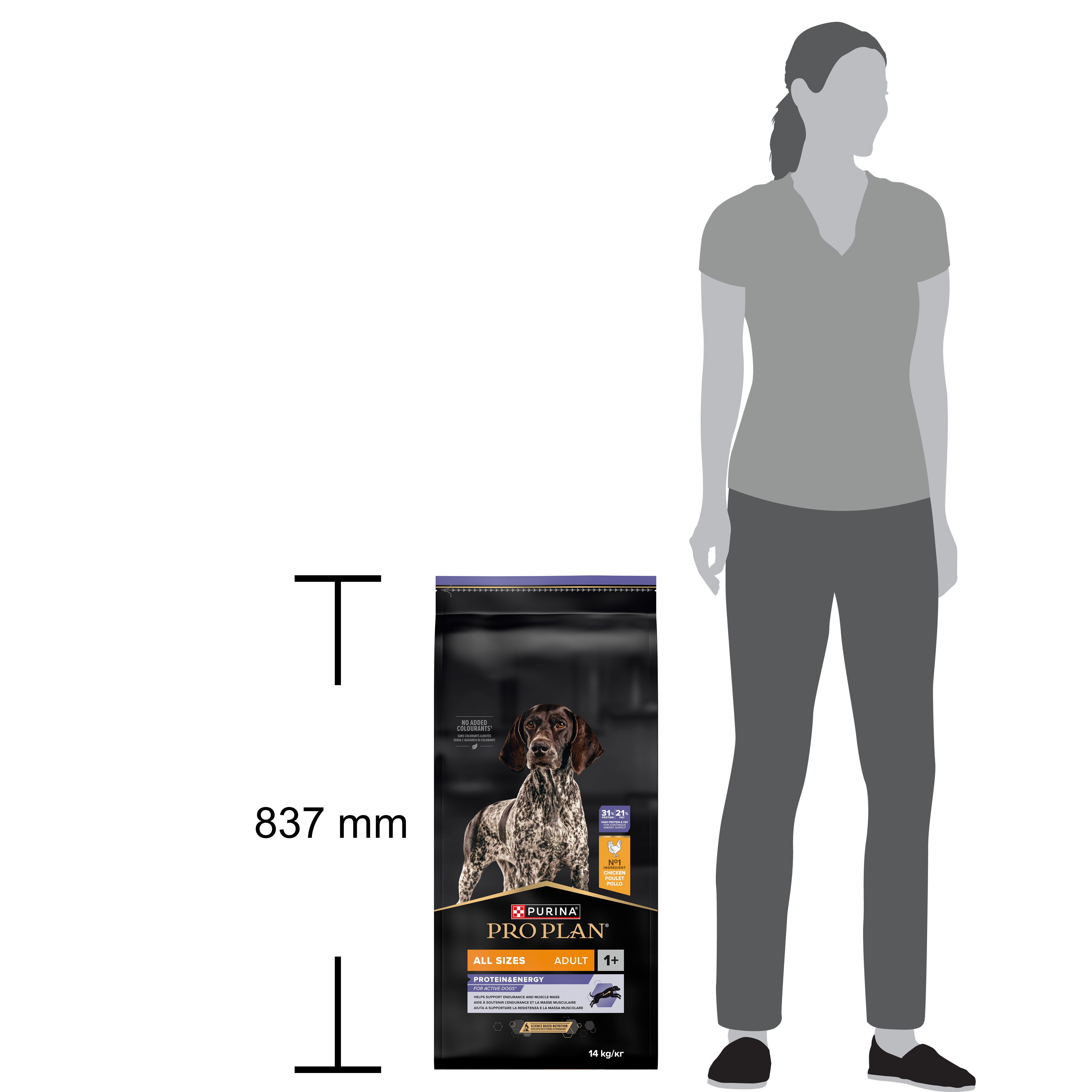 Größenvergleichsgrafik des 14-kg-Beutels Purina Pro Plan All Sizes Adult 1+ Protein & Energy Hundetrockenfutter mit Höhenangabe 837 mm.